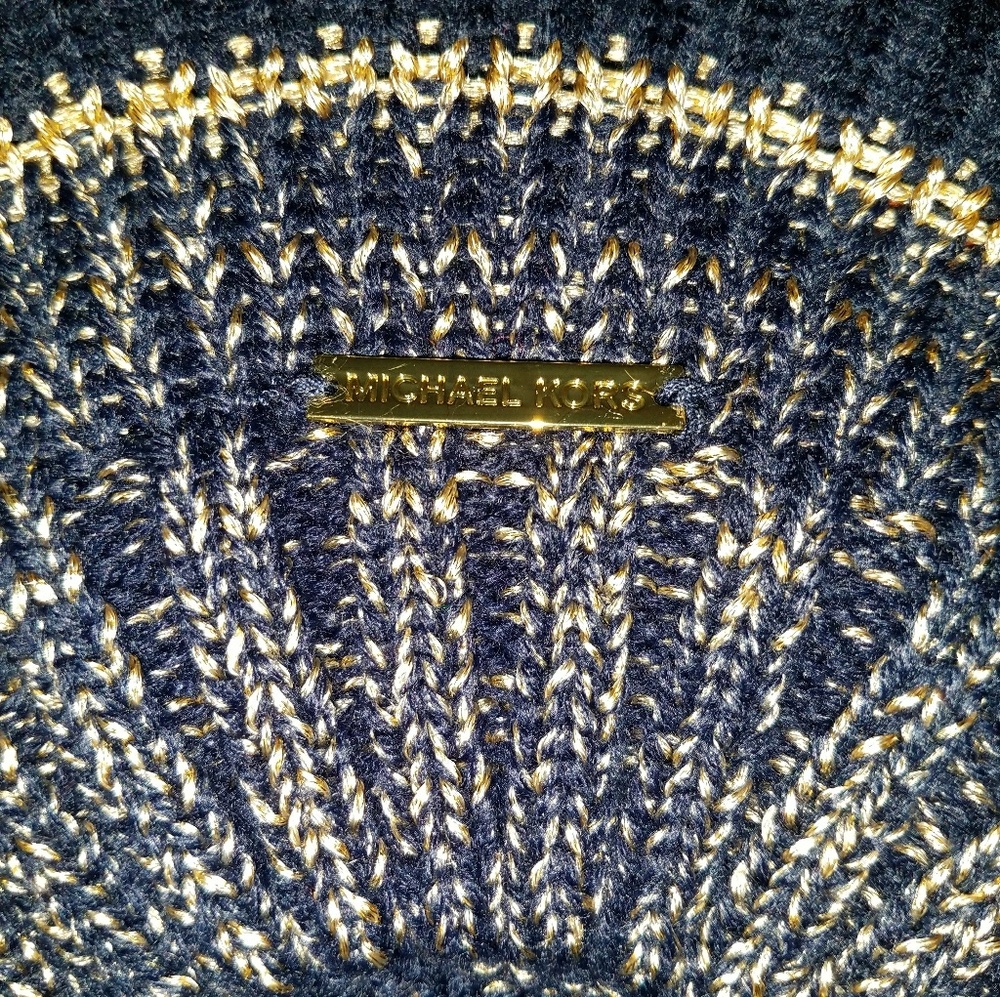New Michael Kors Navy Metallic Gold Knit Beret